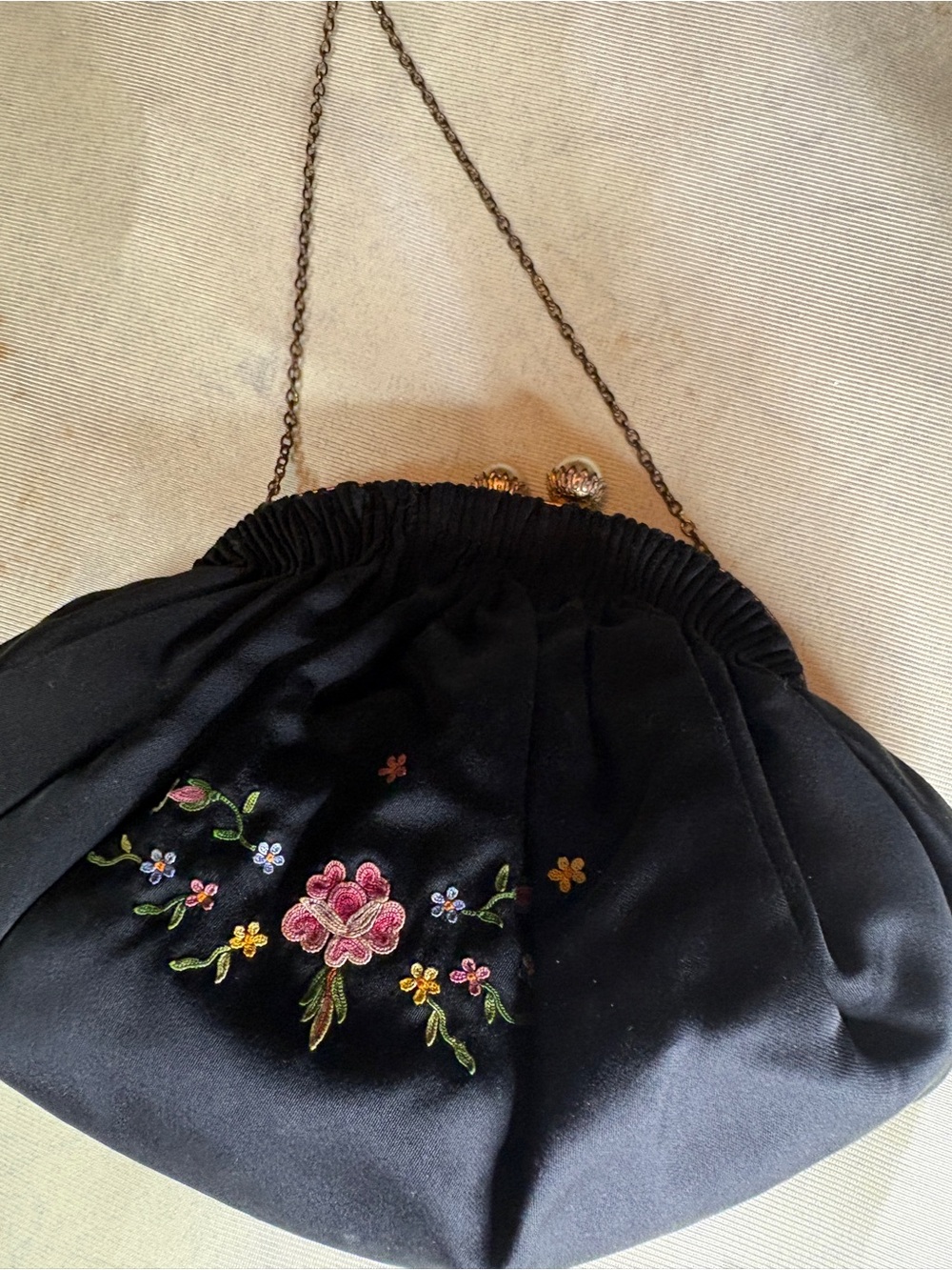 Vintage Silky Satin  Evening Clutch with Chain and Pearled Kisslock